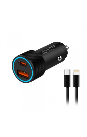 Allme AS248TLS Dual Port 48W PD Type-C to Lightning Kablolu Hızlı Araç Şarj Seti - Siyah