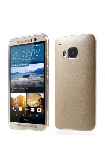 HTC One M9 Kılıf Deri Dokulu Arka Kapak Gold…