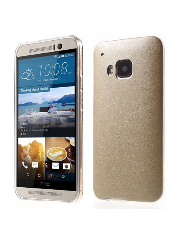 HTC One M9 Kılıf Deri Dokulu Arka Kapak Gold…