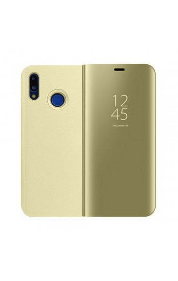 Huawei P20 Lite Clear View Flip Cover Standlı Kılıf Gold