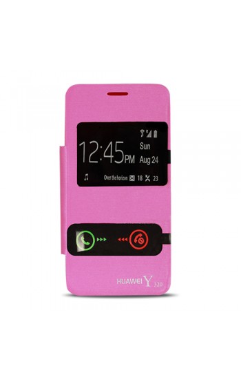 Huawei Y320 Çift Pencereli Flip Cover Pembe…