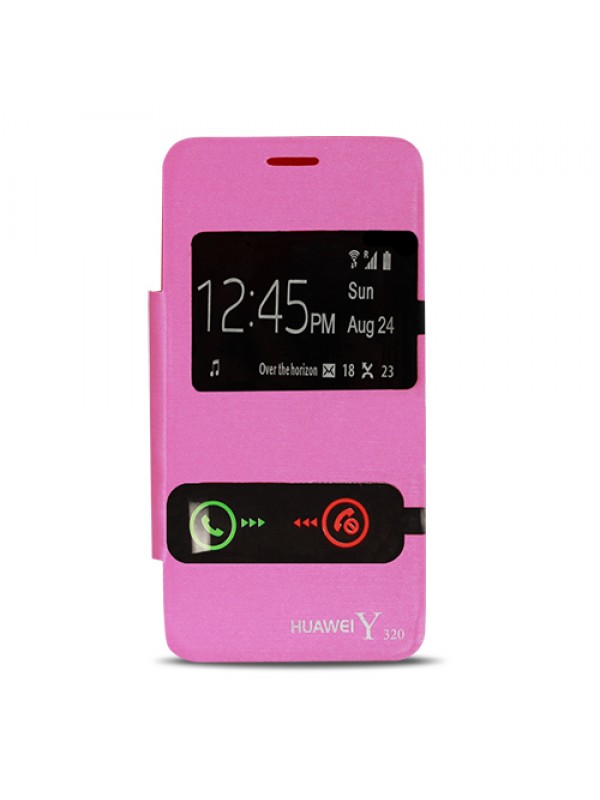 Huawei Y320 Çift Pencereli Flip Cover Pembe