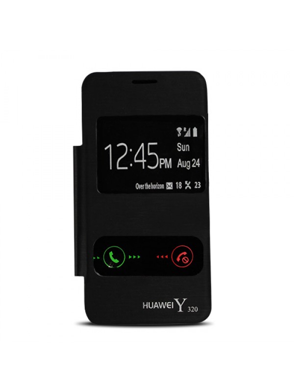 Huawei Y320 Çift Pencereli Flip Cover Siyah