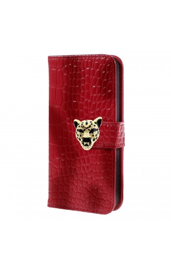 iPhone 4s Leopar Taşlı Cüzdanlı Kılıf Kırmızı