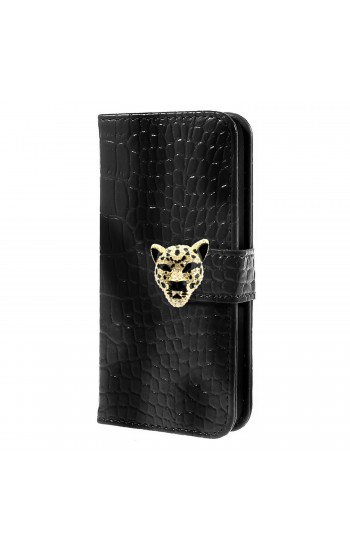 iPhone 4s Leopar Taşlı Cüzdanlı Kılıf Siyah