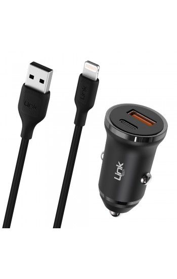 LinkTech C485e 20W PD Type-C + USB Araç Şarj Cihazı + Lightning Kablo Set Siyah