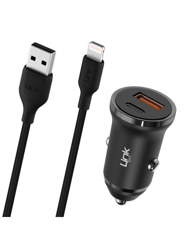 LinkTech C485e 20W PD Type-C + USB Araç Şarj Cihazı + Lightning Kablo Set Siyah