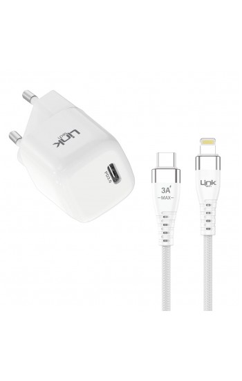 Linktech G821 Supper Silicon Tech 20W PD USB-C Seyahat Şarj Aleti Lightning Kablo Set Beyaz