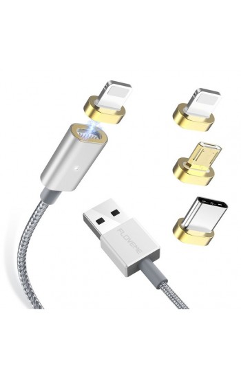 Manyetik Mıknatıslı Şarj Kablosu 3in1 Lightning+Micro+Type-C Silver Hasır-Örgü Gri Ekstra Dayanıklı