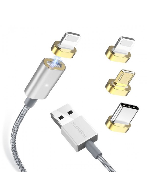Manyetik Mıknatıslı Şarj Kablosu 3in1 Lightning+Micro+Type-C Silve…