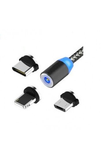Manyetik Mıknatıslı Şarj Kablosu 3in1 Lightning+Micro+Type-C Siyah Hasır-Örgü Ekstra Dayanıklı