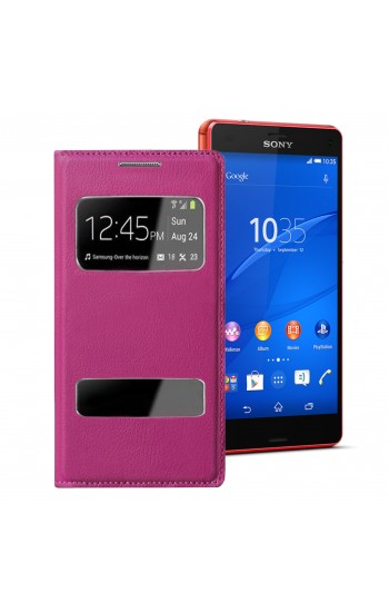 Sony Xperia Z3 Mini S View Dikişli Deri Çift Pencereli Kılıf Kırmız…