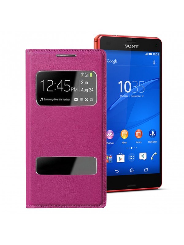 Sony Xperia Z3 Mini S View Dikişli Deri Çift Pencereli Kılıf Kırm…