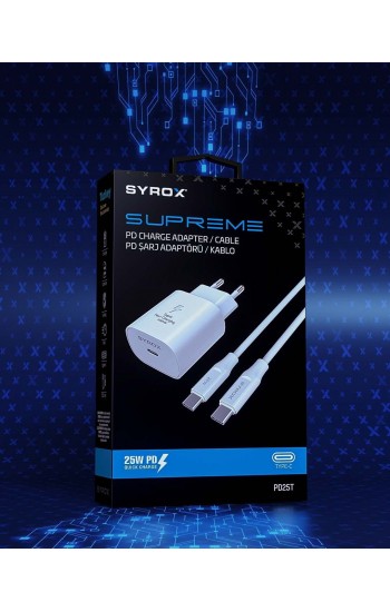 Syrox PD25T QC3.0 PD 25W Hızlı Şarj Aleti Type-C to Type-C Kablo Set Be…