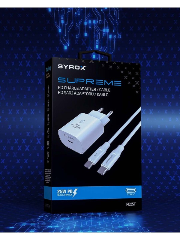 Syrox PD25T QC3.0 PD 25W Hızlı Şarj Aleti Type-C to Type-C Kablo Se…